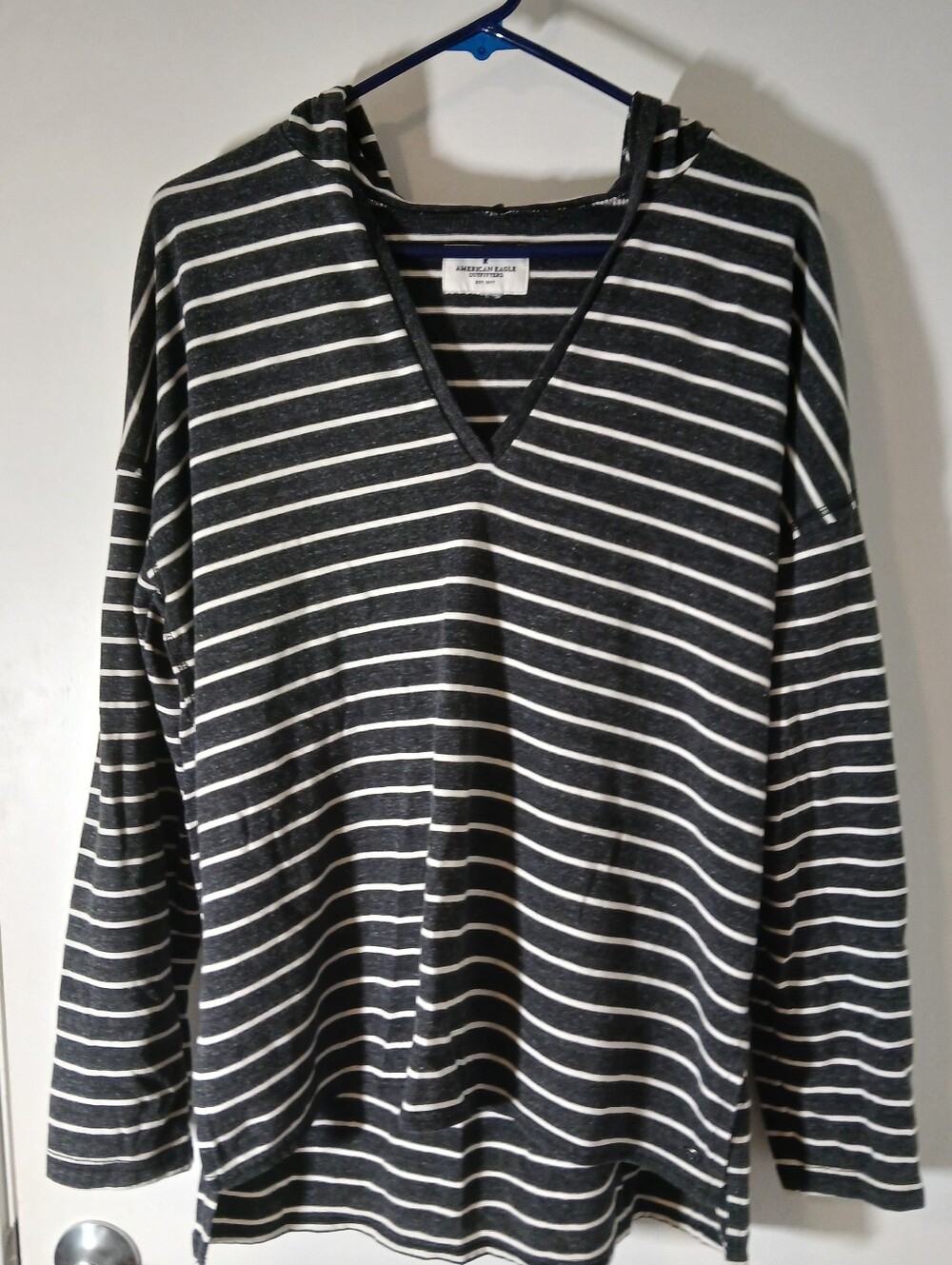 American Eagle Outfitters Gray & White Striped Hooded V-Neck Top